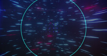 Image Of Circles, Blue And Pink Lights Moving Fast On Black Background