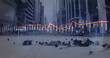 Image of financial data processing and dollar sign over cityscape
