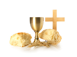 Wall Mural - Cup of wine with bread and cross on white background