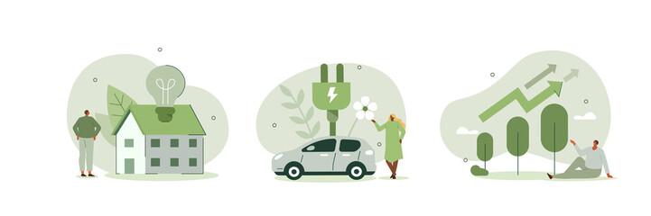 Wall Mural - green energy illustration set. characters showing eco private house, electric car and green circular