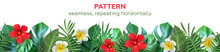 Vector Horizontal Seamless Border With Tropical Leaves And Flowers. Seamless Pattern. Vector Illustration
