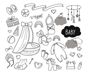 Wall Mural - Set of hand drawn baby boy and girl. Cartoon sketch style chalk doodle for icon, banner.