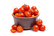 Group Of Cherry Tomatoes In Brown Bowl Isolated On White Background.