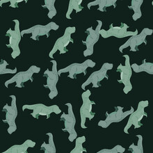 Seamless Pattern Cute T-Rex Dino. Background Of Funny Dinosaurs In Doodle Style.