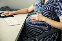 Home Office And Pregnant Business Woman Wearing Stripes Dress, Business Housewife.