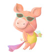 Lovely little pig with sunglasses drinks a cocktail and enjoys sunny day. Summer holidays. Cute cartoon character.