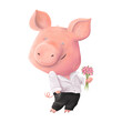 Lovely smiling elegant pig with flowers. Romantic piglet. Cute cartoon character.