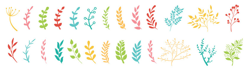 Wall Mural - hand drawn branches with leaves and flowers vector icon