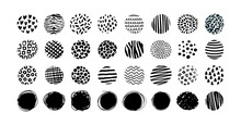Hand Drawn Vector Textured Shapes Set. Minimal Ink Scribble Spots, Black Organic Pattern Doodle Circles. Doodle Print Stains Highlights Backgrounds. Abstract Art Design Elements For Social Media, Web