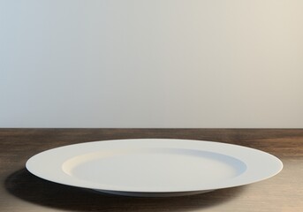 empty white plate on a wooden table 3d rendering