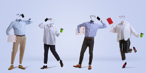 four stylish invisible persons wearing modern business style outfits and eyeglasses standing against