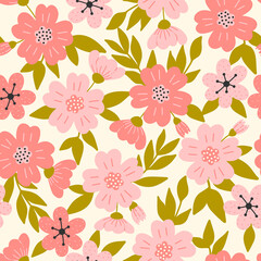 Wall Mural - Pink flowers seamless pattern