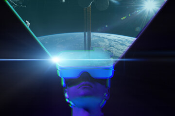 Wall Mural - man uses virtual reality headset to see the far corners of space. elements of this image furnished b