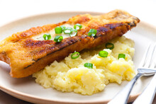 Fried Fish With Mashed Potatoes And Spring Onion