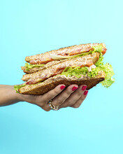 Vertical Shot Of A Female Holding A Tuna Sandwich