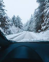 Poster - Beautiful view of a coniferous forest covered in snow from the windshield of a car