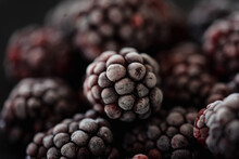 Close Up Of Frosty Frozen Blackberries.