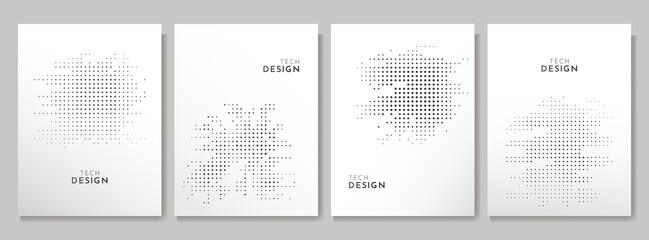 Vector illustration. Set of halftone dots banners. Dotted spots using halftone circle. Pattern texture isolated on white background. Design elements for poster, magazine, book cover, flyer, brochure
