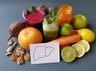 Wall Mural - Liver detox juice in a glass jar with ingredients. Fresh smoothie for healthy liver and cleansing. Concept of liver disease diet. Liver detox super food after alcohol and over eating.