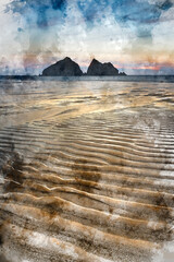 Wall Mural - digital watercolour painting of absolutely beautiful landscape images of holywell bay beach in cornw
