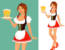 Beautiful Waitress In Traditional German Oktoberfest Costume, Serving Beer