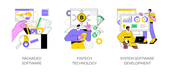 Business applications abstract concept vector illustration set. Packaged software, FinTech technology, system software development, payment processing, database system integration abstract metaphor.