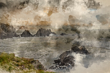 Wall Mural - digital watercolour painting of stunning landscape image of view from hartland quay in devon england