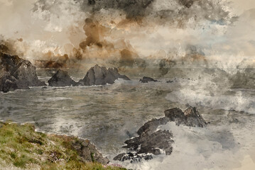 Wall Mural - digital watercolour painting of stunning landscape image of view from hartland quay in devon england