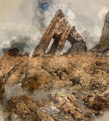 Wall Mural - digital watercolour painting of beautiful landscape image of blackchurch rock on devonian geological