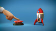 3d illustration of cartoon rocket and red button.
