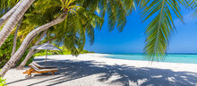 Beautiful Tropical Beach Banner. White Sand Coco Palm Trees, Couple Chairs Travel Tourism Wide Panorama Concept. Amazing Beach Landscape. Luxury Island Resort Vacation Holiday. Sunny Paradise Coast