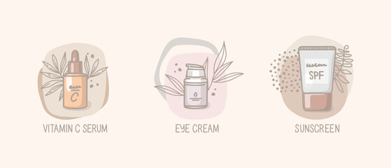 Vector illustrations in hand-drawn style. Cosmetics on abstract background, leaves, dots. Vitamin C serum, eye cream, sunscreen. Cosmetics for skin care, morning routine. Banner design, bundle, set