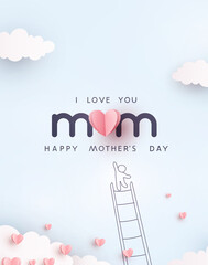 Wall Mural - Mum postcard with paper flying elements, child and balloon on blue sky background. Vector symbols of love in shape of heart for Happy Mother's Day greeting card design