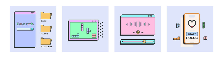 UI/UX elements in retro style poster set with different buttons. Web design 80's.