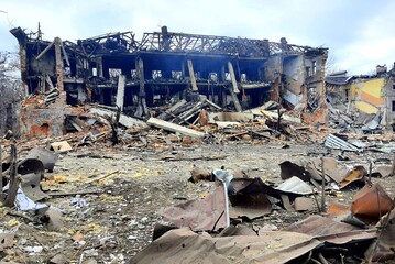 Wall Mural - Destroyed and burnt civilian building after rocket attack of Russian in Ukrainian city Dnipro. Russia war in Ukraine, shelling, destruction of houses. Ukraine