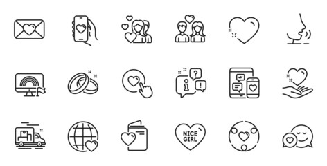 Outline set of Couple, Love document and Heart line icons for web application. Talk, information, delivery truck outline icon. Include Hold heart, Nice girl, Lgbt icons. Vector