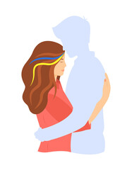 Poster - Support for Ukraine concept. Stay with Ukraine. A young woman hugging the shape of a man who has gone to war, expressing hope and love. Cute vector illustration in a flat style. 