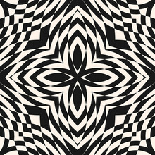 Vector Geometric Seamless Pattern. Abstract Black And White Mosaic Ornament. Simple Checkered Texture With Flower Silhouette. Monochrome Op Art Pattern. Optical Illusion Background. Repeated Design