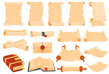 Set Of Ancient Parchment Scrolls And Books. Literacy In Ancient Times. Vector Illustration On A White Background