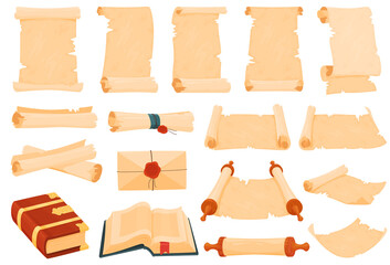 Set of ancient parchment scrolls and books. Literacy in ancient times. Vector illustration on a white background