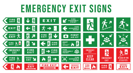 set of emergency exit signs. evacuation and relocation of people to safety. vector illustration on a