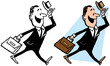 A vintage retro cartoon of a businessman in a suit with a briefcase walking to work and tipping his hat. 