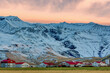 The Icelandic village of Thorvaldseyri with the infamous eyjafjallajokull volcano behind at sunrise