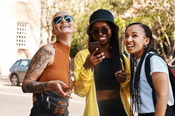 Aufkleber - The map says that weve arrived. Shot of three close friends spending the day together in the city.