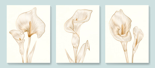 Wall Mural - Luxury art background with golden calla flowers in art line style. Botanical poster with watercolor leaves in art line style for decor, design, wallpaper, packaging