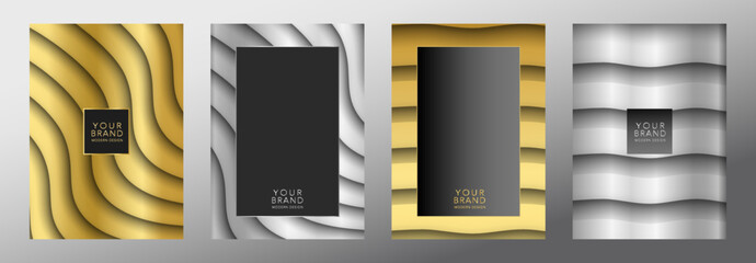Wall Mural - modern black, silver, gold cover, frame design set. creative premium abstract wavy line pattern 3d b