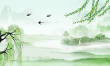 Fototapeta Sypialnia - Chinese wind solar terms Jiangnan landscape illustration