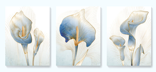 Wall Mural - Abstract art background with golden and blue calla flowers in line art style.. Botanical poster with watercolor leaves in art line style for decor, design, wallpaper, packaging