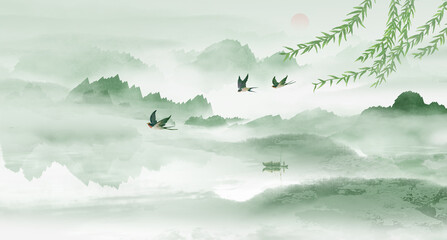 Wall Mural - Chinese wind solar terms Jiangnan landscape illustration