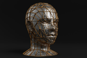 Wall Mural - Abstract design of mannequin head. 3D Render, art, metallic texture, golden wireframe.